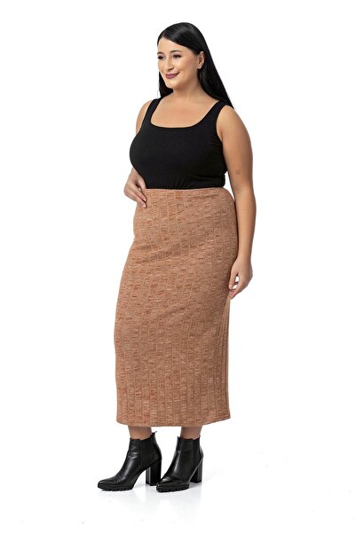 DISENTIS MODEST Large Size Elastic Waist Ribbed Knitwear Brown Skirt
