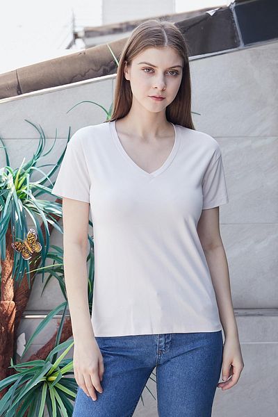 Jument Bluză tricou pentru femei Champagne - Decolteu în V, mânecă scurtă, țesătură Lycra Span