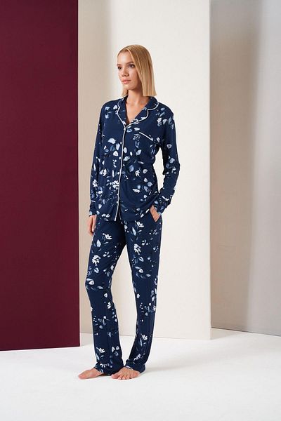 PJS Set de pijamale cu mânecă lungă, cu nasturi, cu imprimeu floral