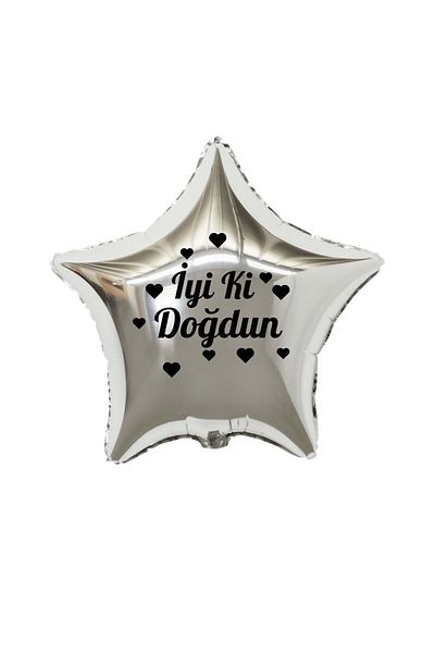 Organizasyon Pazarı 18 Inch Silver Color Heart Figured Happy Birthday Themed Star Foil Balloon