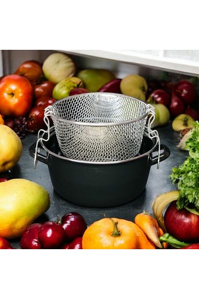 emaye market 5.5 Liter Frying Pot with Glass Lid - Sausage, Potato, Pumpkin, Eggplant, Chips 24cm Fryer Enamel Pot