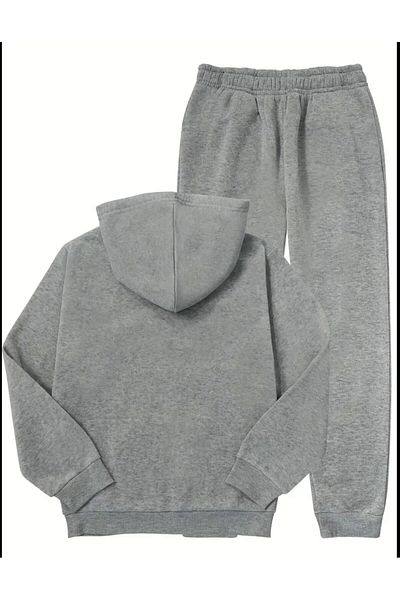 MORNİNG KİDS Gray Double Heart Printed Hooded Cardigan and Sweatpants Set - Girl