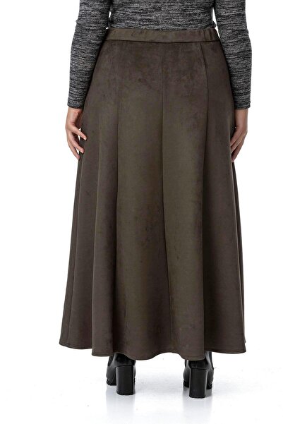 DISENTIS MODEST Large Size Long Suede Khaki Skirt with Front Slit and Buttoned Waist and Elastic Back