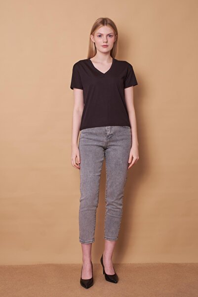 Jument Γυναικεία κομψή μπλούζα με λαιμόκοψη V με κοντό μανίκι Lycra ύφασμα-Μαύρη