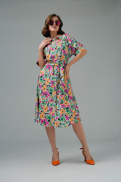 Saade Rochie multicoloră, cu mâneci trei sferturi, cu curea, guler, cu nasturi