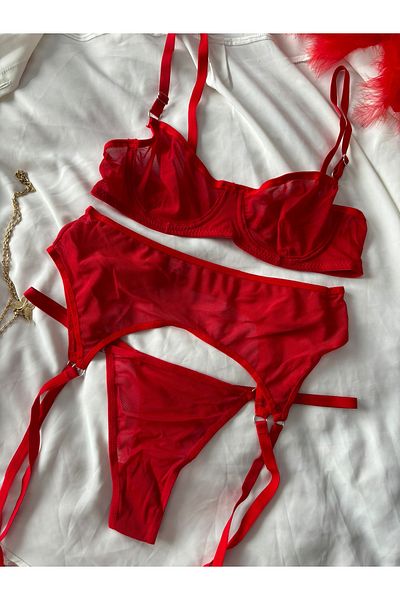 İNKO İÇ GİYİM Plain Tulle 3-Piece Set Bra Set with Garter
