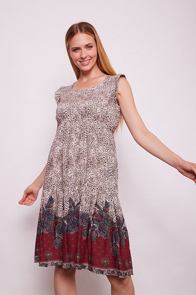 Jument Voile cu modele cu sârmă Guler cu mâneci Fustă adunată Rochie de vară fără mâneci - model visiniu