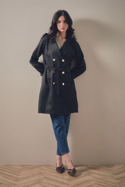 Fulla Moda Double-breasted Collar Trench Coat with Lace-up Waist