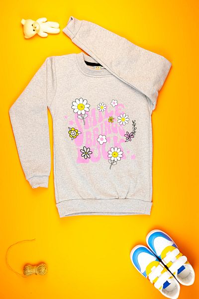 Yalçınoğlu Girl's Clothing - Soft Cute Flower Printed Sweatshirt