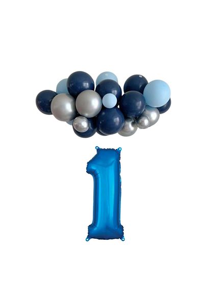 Organizasyon Pazarı 1 Year Old Birthday Set Midnight Blue-Chrome Silver-Light Blue 30 Pieces (Blue)