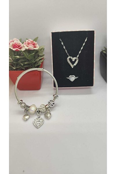 JUPİTER HOME Charm Bileklik Pandora,am Kalp Kolye Ve Yüzük Seti Ciddi Ilişki Yüzügü Set Kombin Dogum Günü