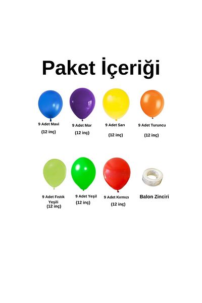Organizasyon Pazarı Balloon Set Purple-Blue-Peanut Green-Green-Orange-Red-Yellow 60-Piece Balloon Chain Set