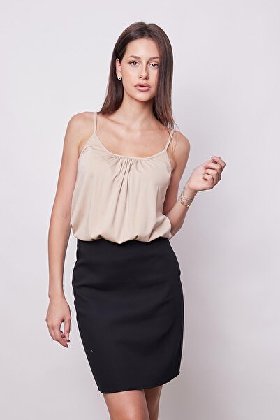 Jument Dark Beige Women's T-shirt Blouse - Span Blended, Rope Strap, Gathered Front Adjustment Strap