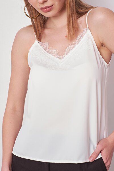 Jument Women's Lycra-Free Stylish Fabric Collar Lace Rope Strap Blouse-Cream