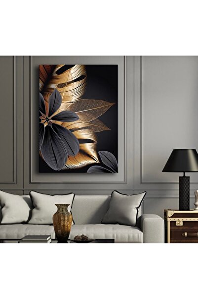 Genel Markalar Siyah-altın Modern Yapraklar Kanvas Gülen Tablo HD Dijital Bas...
