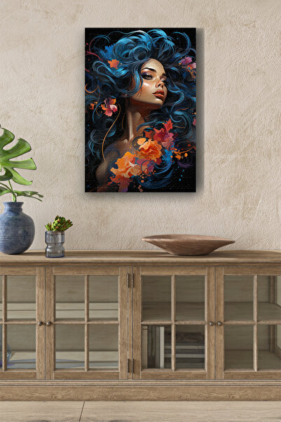 Limitless Design Femeie cu păr albastru și ondulat, pictură în ulei, imprimar...