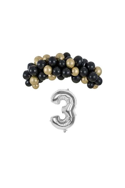 Organizasyon Pazarı 3 Year Birthday Set Black-Chrome Gold 30 Pieces (Silver)