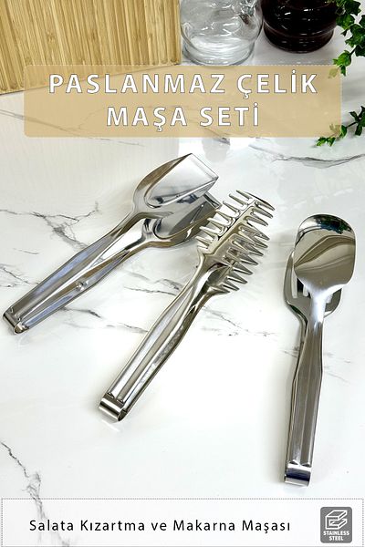 FİTHOME Set of 3 Stainless Steel Serving Tongs