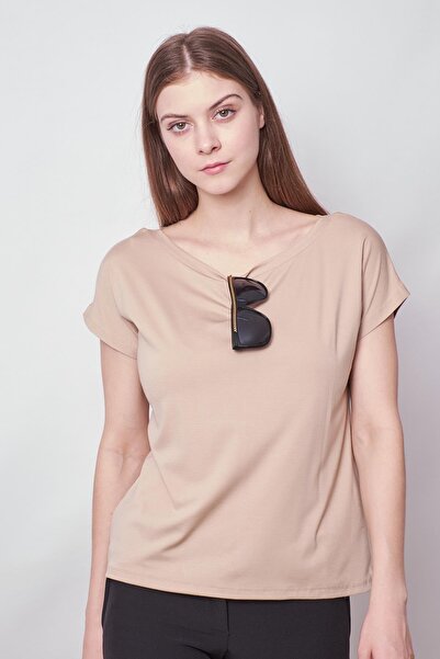 Jument Dark Beige Women's T-shirt Blouse - Boat Neck, Off Shoulder, Non-Wrinkle Span