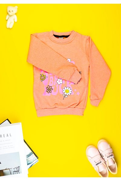 Yalçınoğlu Girl's Clothing - Soft Cute Flower Printed Sweatshirt