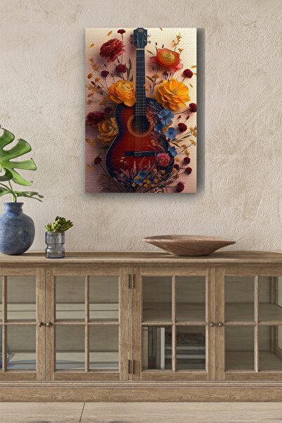 TosbArt Etrafı Çiçek Kaplı Gitar Yağlı Boya Görünümlü Yüksek Kalite Dijital B...
