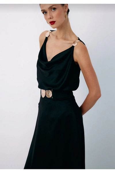 Sateen Bluză lejeră cu accesorii pentru umeri - NEGRU
