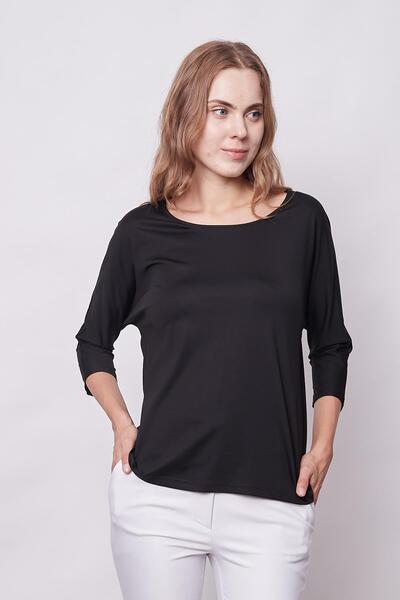 Jument Μαύρη μπλούζα μπλουζάκι για γυναίκες - λαιμόκοψη, νυχτερίδα κάπρι, μανίκι τριών τετάρτων, ύφασμα που δεν τσακίζει