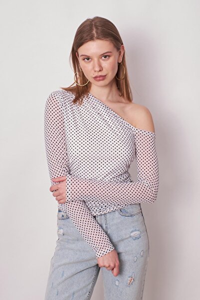 Jument Damă Tulle cu model Talie cu umăr Umăr adunat Decoltat cu mânecă lungă Lycra Bluză elegantă-punct crem