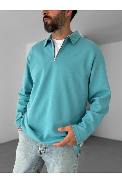 BYBASICMAN Petrol Blue Thin Half Zip Sweatshirt Ke-417