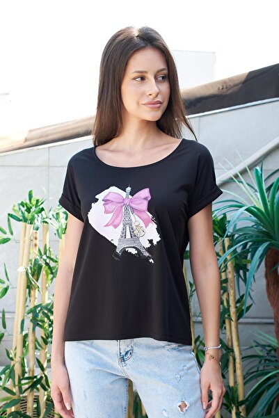 Jument Printed Boat Neck Wrinkle-Free Span Blended Stylish Off-Shoulder Double Sleeve Blouse -Black Eiffel Tower Print
