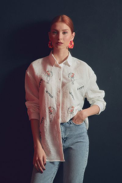 Fulla Moda قميص كتان فضفاض بأكمام طويلة مطرز
