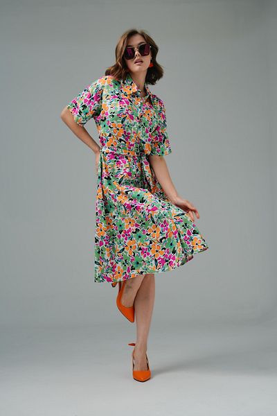 Saade Rochie multicoloră, cu mâneci trei sferturi, cu curea, guler, cu nasturi