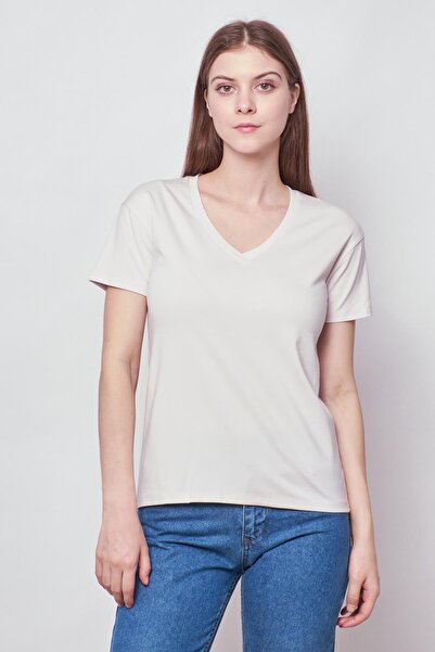 Jument Champagne Women's T-Shirt Blouse - V-Neck, Short Sleeve, Lycra Span Fabric