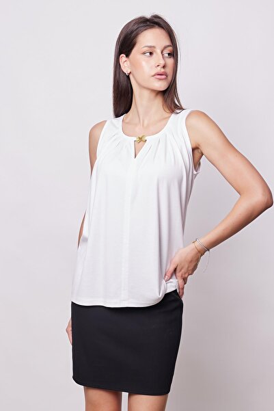 Jument Women's White T-shirt Blouse - Non-Wrinkle, Span Blended, Pleated Collar, Sleeveless with Accessories
