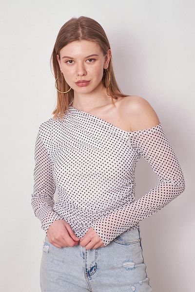Jument Γυναικεία στάμπα τούλι στον ώμο Μέση Shirred Shoulder Χαμηλό μακρυμάνικο Lycra Κομψή μπλούζα-κρεμ πόντοι