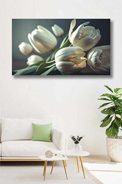 GülsenArt Amesburry Dekoratif Beyaz Lale Yatay HD Dijital Baskı Salon Oturma ...