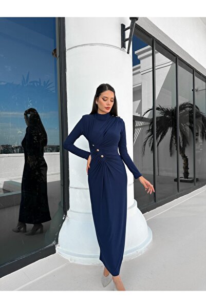 HARMONY GLOBAL نصف الياقة المدورة كتف مبطن أزرار ذهبية مفصلة مجمعة فستان طويل...