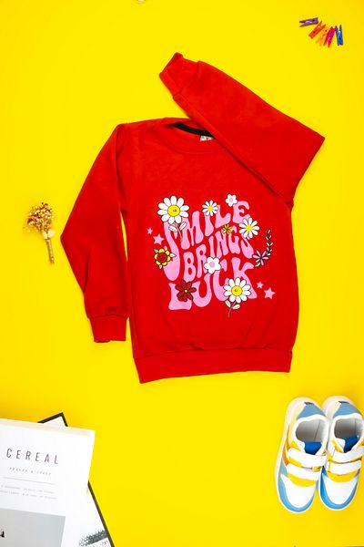 Yalçınoğlu Girl's Clothing - Soft Cute Flower Printed Sweatshirt
