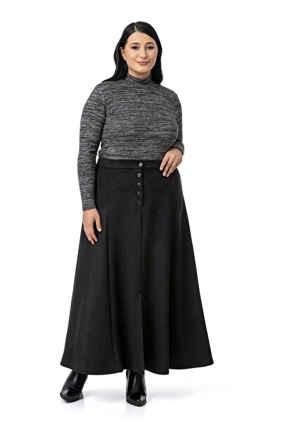 DISENTIS MODEST Large Size Long Suede Black Skirt with Front Slit, Buttoned Waist and Elastic Back