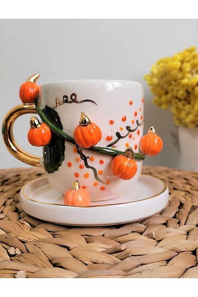 SeraSelin 24 Carat Gold Embroidered, Pumpkin Figured, 100% Handmade, Gift Double Turkish Coffee Cup 160 Ml