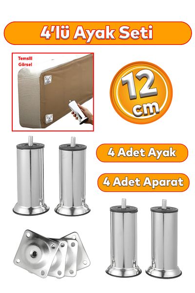 Badem10 Metal Furniture Set of 4 Legs M8 Bolt Chrome 12 cm Sofa Seat Base Bed Sofa Bed Heightening Foot