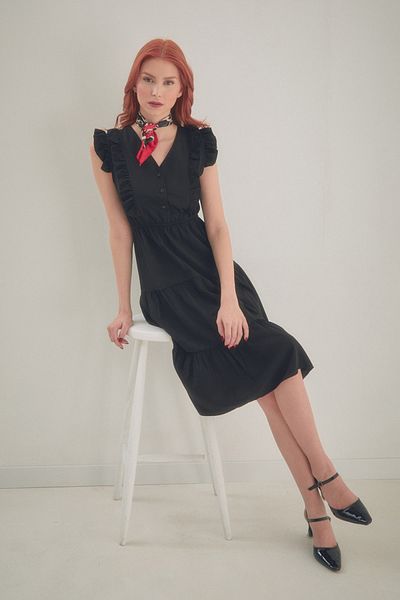 Fulla Moda Φόρεμα με βολάν με κουμπιά V λαιμόκοψη