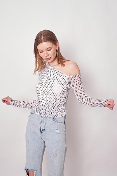 Jument Damă Tulle cu model Talie cu umăr Umăr adunat Decoltat cu mânecă lungă Lycra Bluză elegantă-punct crem