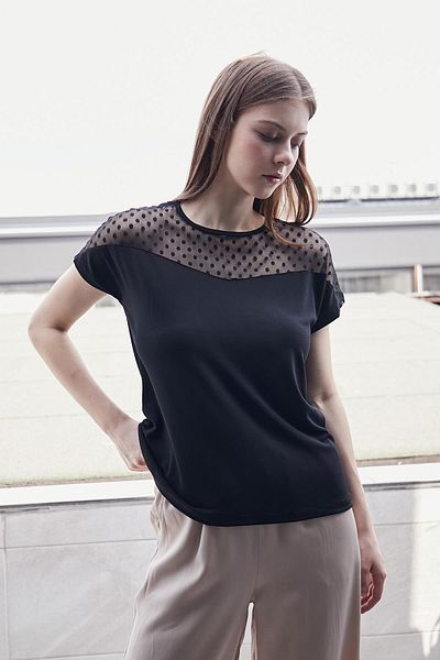 Jument Lycra Crepe Fabric - Polka Dot Tulle Detail, Wide Zero Collar, Off-Shoulder Black Blouse
