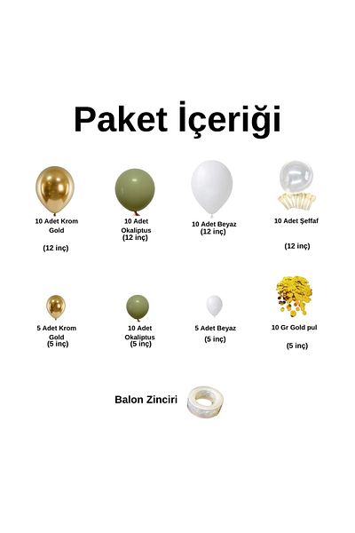 Organizasyon Pazarı Set of 60 Chrome Gold-Eucalyptus-White-Transparent Balloon Chains - 10 Grgold Bulbs