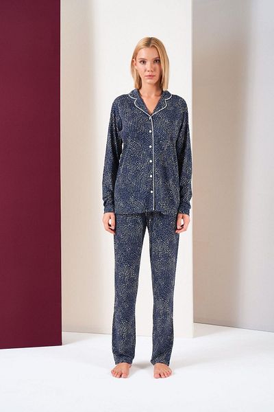 PJS Set de pijamale cu mânecă lungă, cu nasturi, cu buzunare inferioare