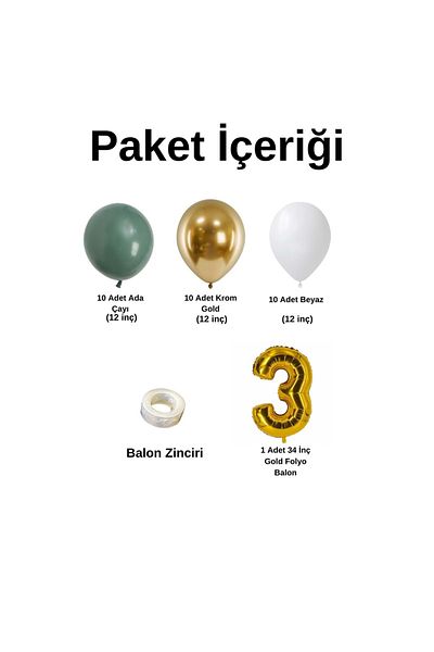 Organizasyon Pazarı 3 Year Old Birthday Set Island Tea-White-Chrome Gold 30 Pieces (Gold)