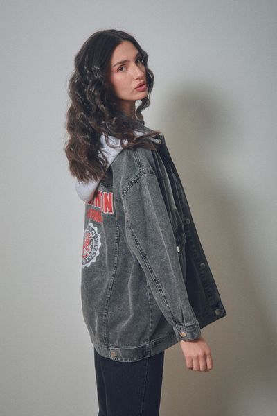 Fulla Moda Printed Hooded Oversize Denim Jacket