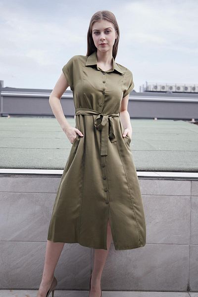 Jument 100% Iyocell Fabric - Μίντι φόρεμα με γιακά, off the shoulder, διπλά μανίκια και κορδόνια - Χακί