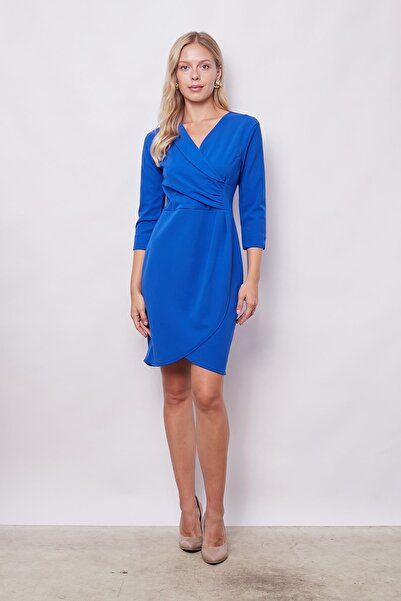 Jument Saks Πολύχρωμο κρεπ ύφασμα - Φόρεμα Capri με διπλό στήθος με μπροστινό συρμάτινο γιακά και μανίκια τριών τετάρτων από λύκρα